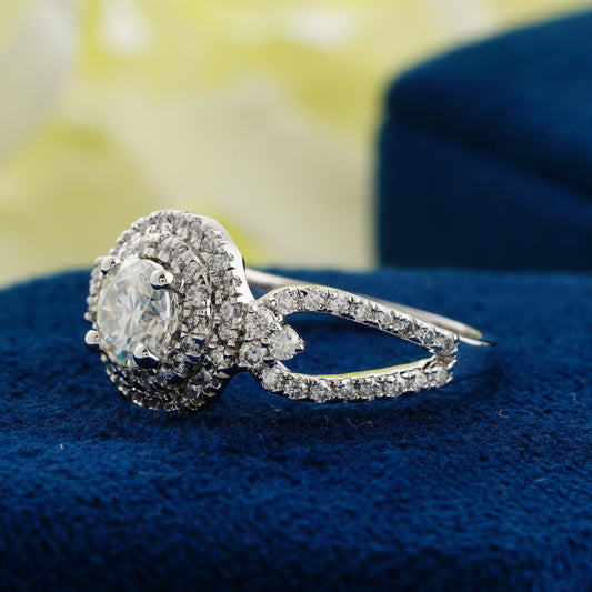 0.70 CT Round Diamond Double Halo Engagement Ring | Split Shank