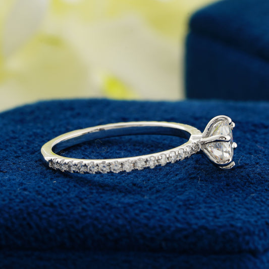 0.9 CT Round Cut Lab Grown Diamond Engagement Ring | Classic Six-Prong Pavé Band Ring