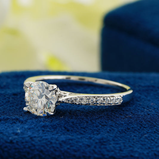 1.00 CT Round Cut Lab Grown Diamond Engagement Ring | Classic Solitaire Pavé Band Ring