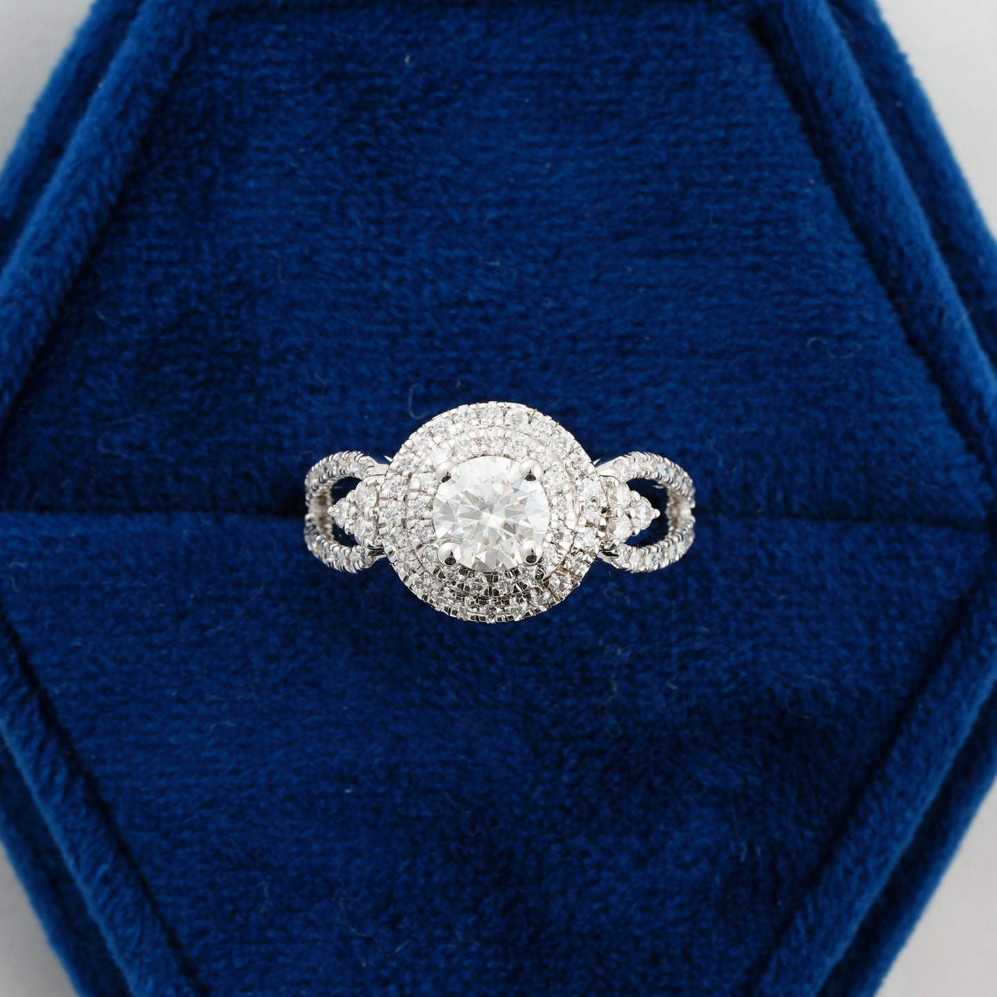 0.70 CT Round Diamond Double Halo Engagement Ring | Split Shank