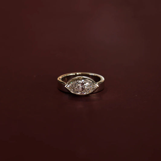 East-West Marquise Cut Lab-Grown Diamond Bezel Engagement Ring with Wide Band