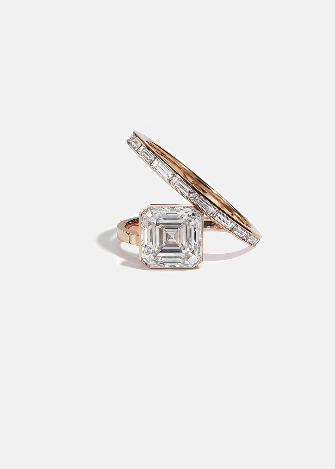 Asscher Cut Lab Grown Diamond Bezel Spiral Coil Ring with Baguette Channel Band