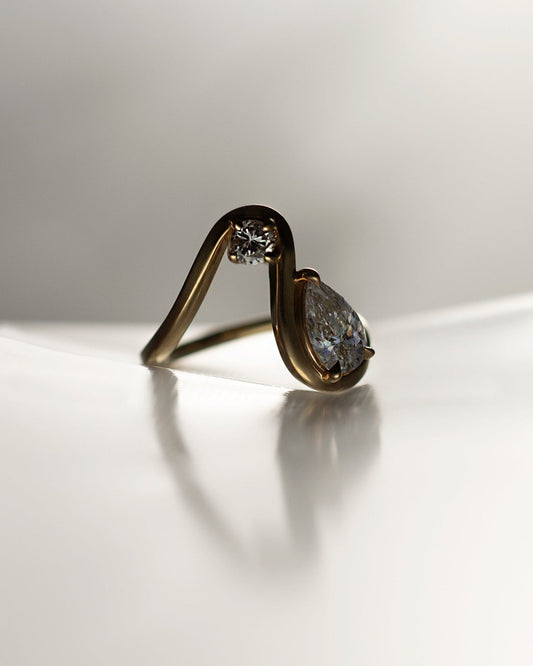 Pear Lab Grown Diamond Open Loop Bezel Ring with Round Accent – Sculptural Arch Band