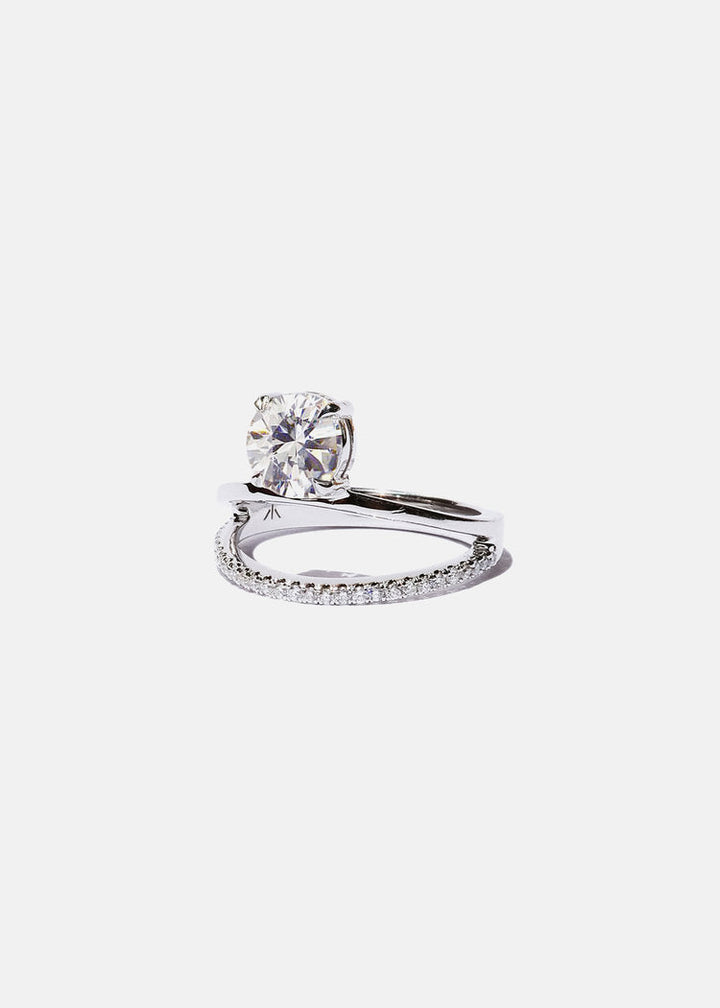 Round Lab Grown Diamond Double Band Solitaire Engagement Ring – Flat Band with Micro-Pavé