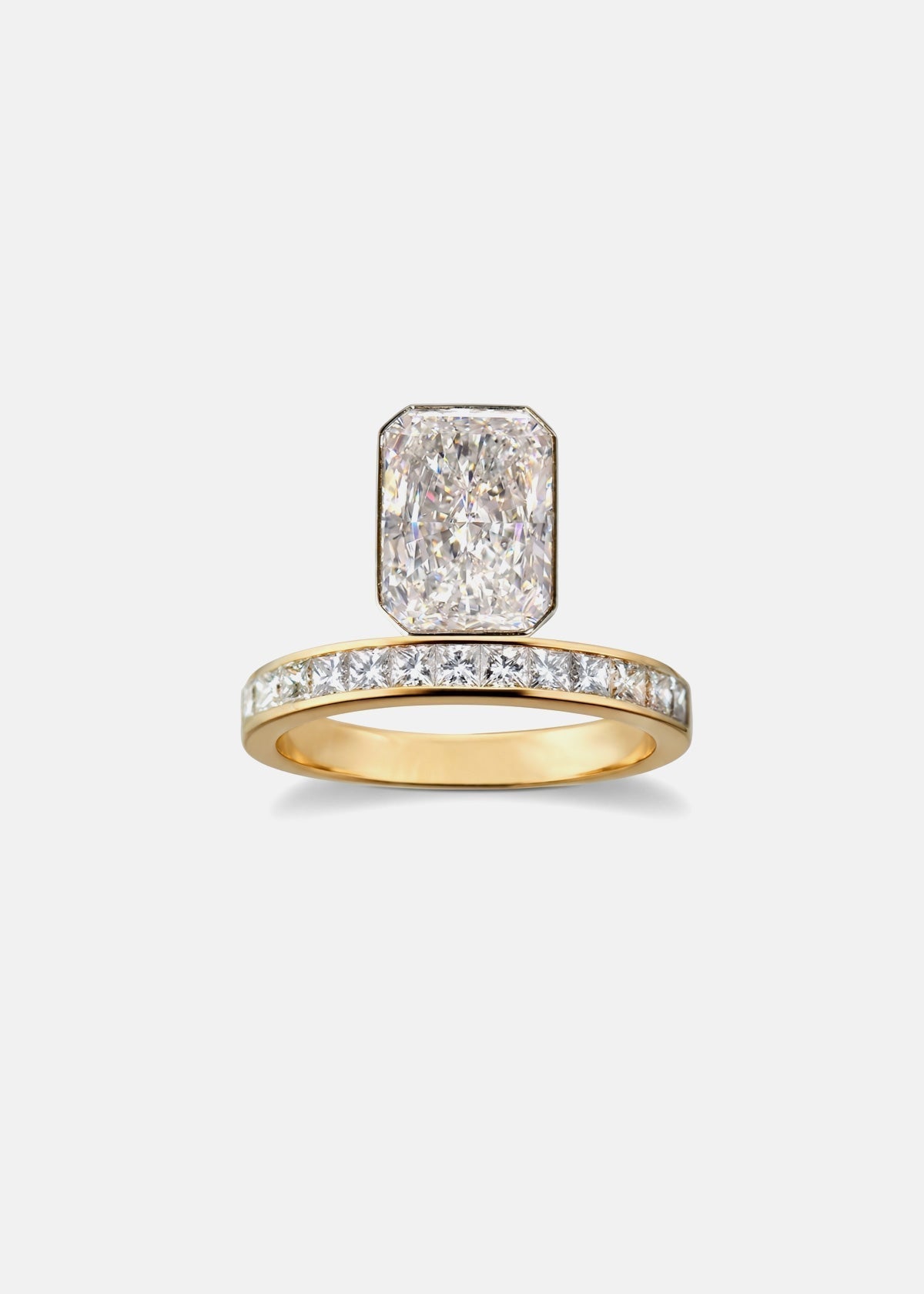 Radiant Cut Lab Grown Diamond Bezel Engagement Ring with Princess Channel Band