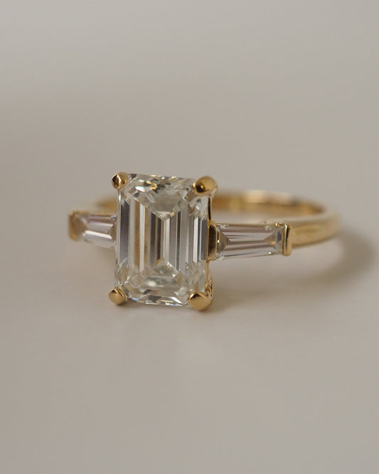 Emerald Lab Diamond Three Stone Ring with Baguette Accents