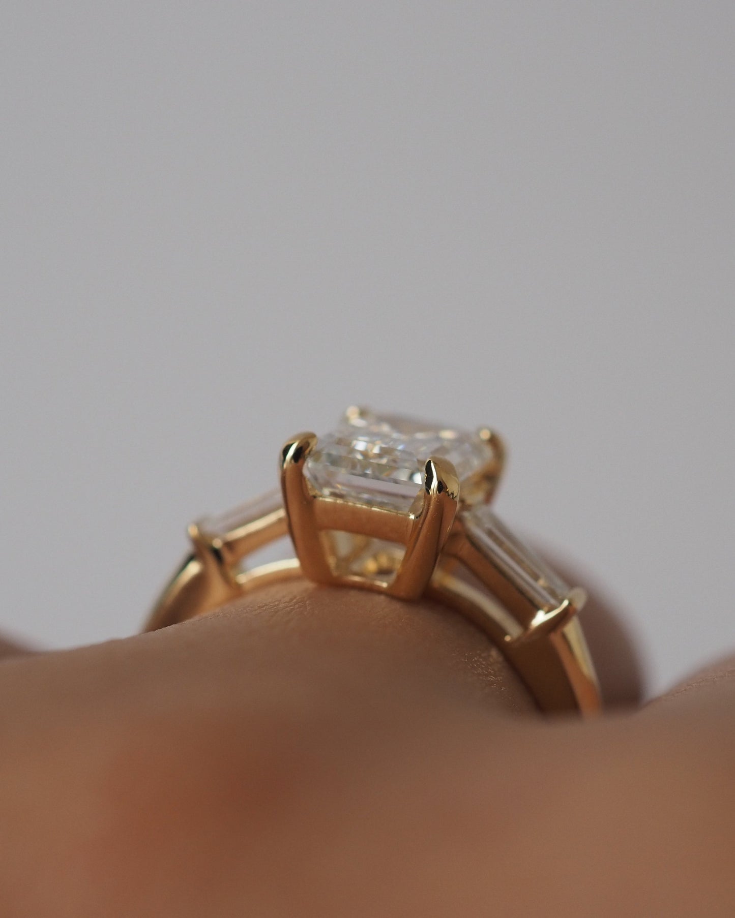 Emerald Lab Diamond Three Stone Ring with Baguette Accents
