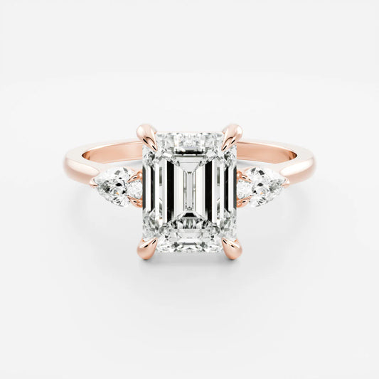 Emerald Cut Lab-Grown Diamond Three Stone Engagement Ring with Pear Accents