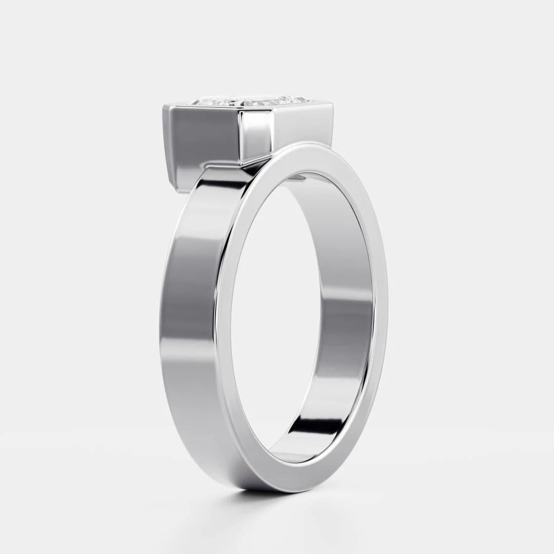 East-West Emerald Cut Lab-Grown Diamond Bezel Engagement Ring with Wide Band