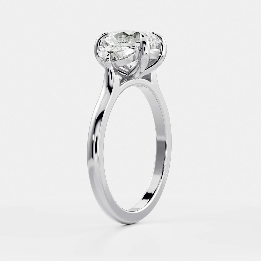 Oval Cut Lab-Grown Diamond Three Stone Engagement Ring with Half Moon Accents