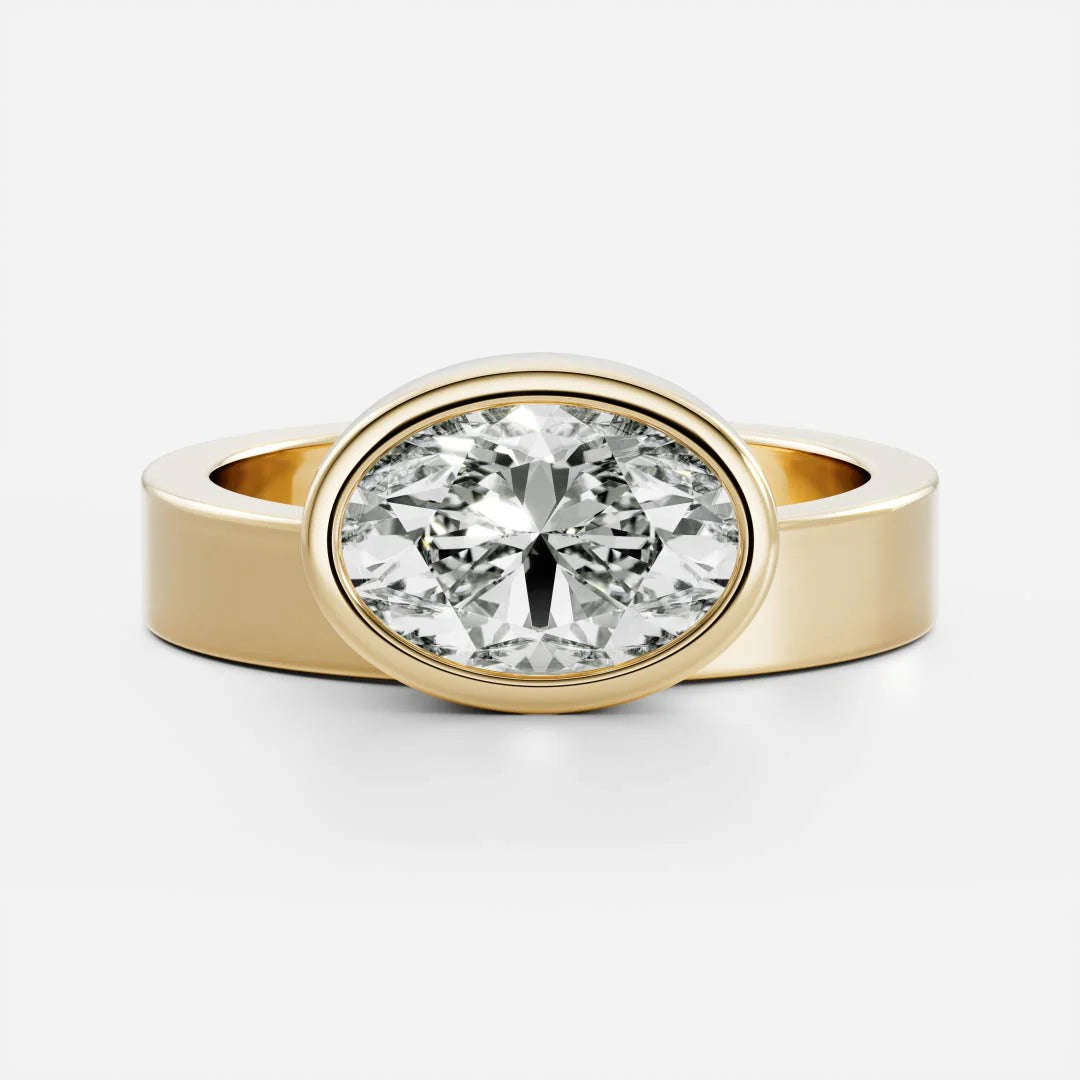 East-West Oval Cut Lab-Grown Diamond Bezel Engagement Ring with Wide Band