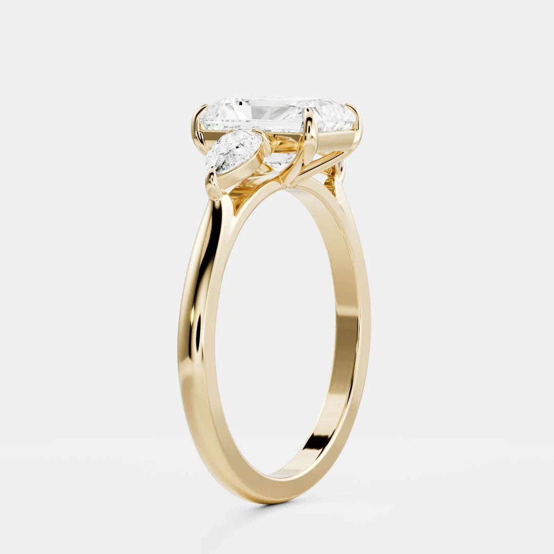 Radiant Cut Lab-Grown Diamond Three Stone Engagement Ring with Pear Accents