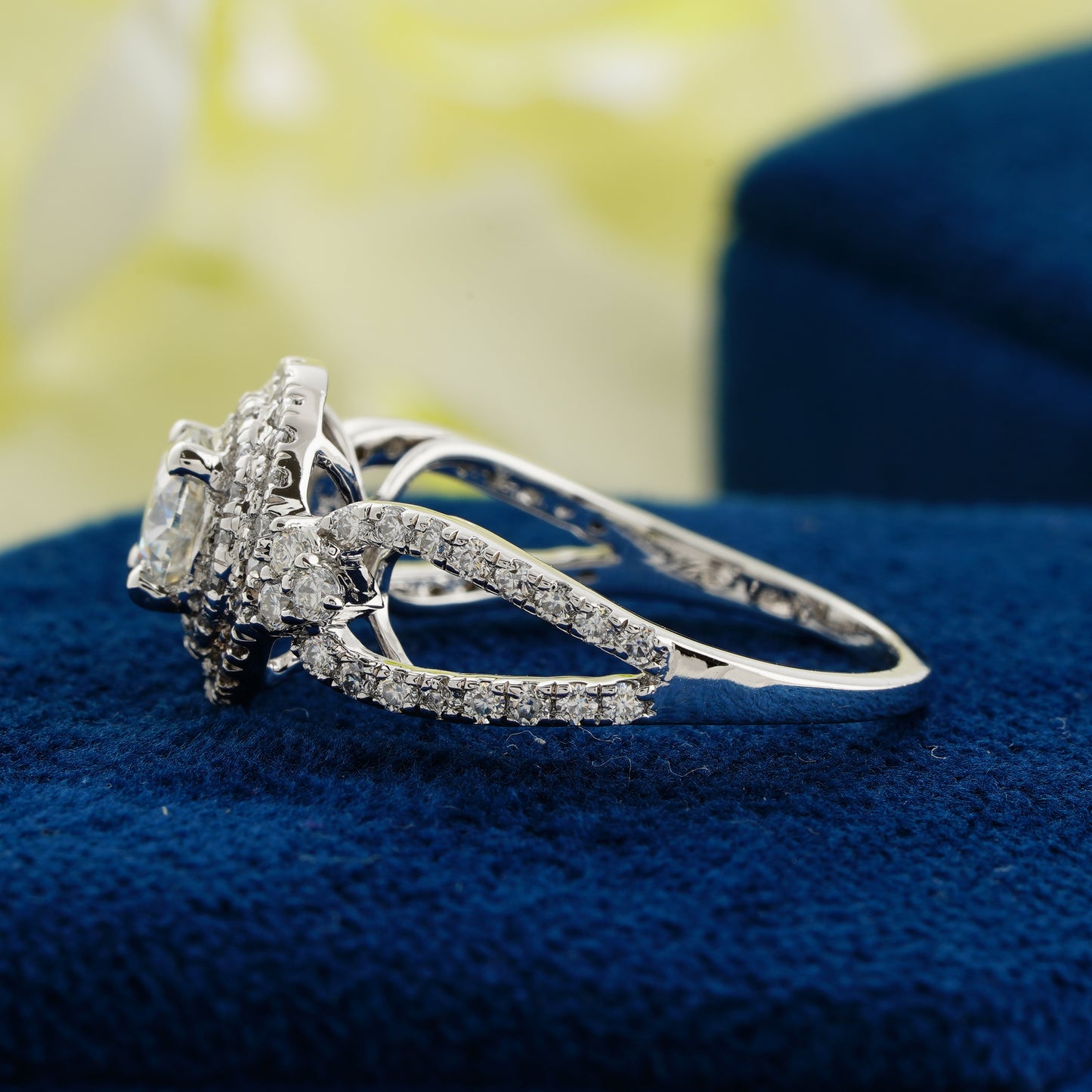 0.70 CT Round Diamond Double Halo Engagement Ring | Split Shank