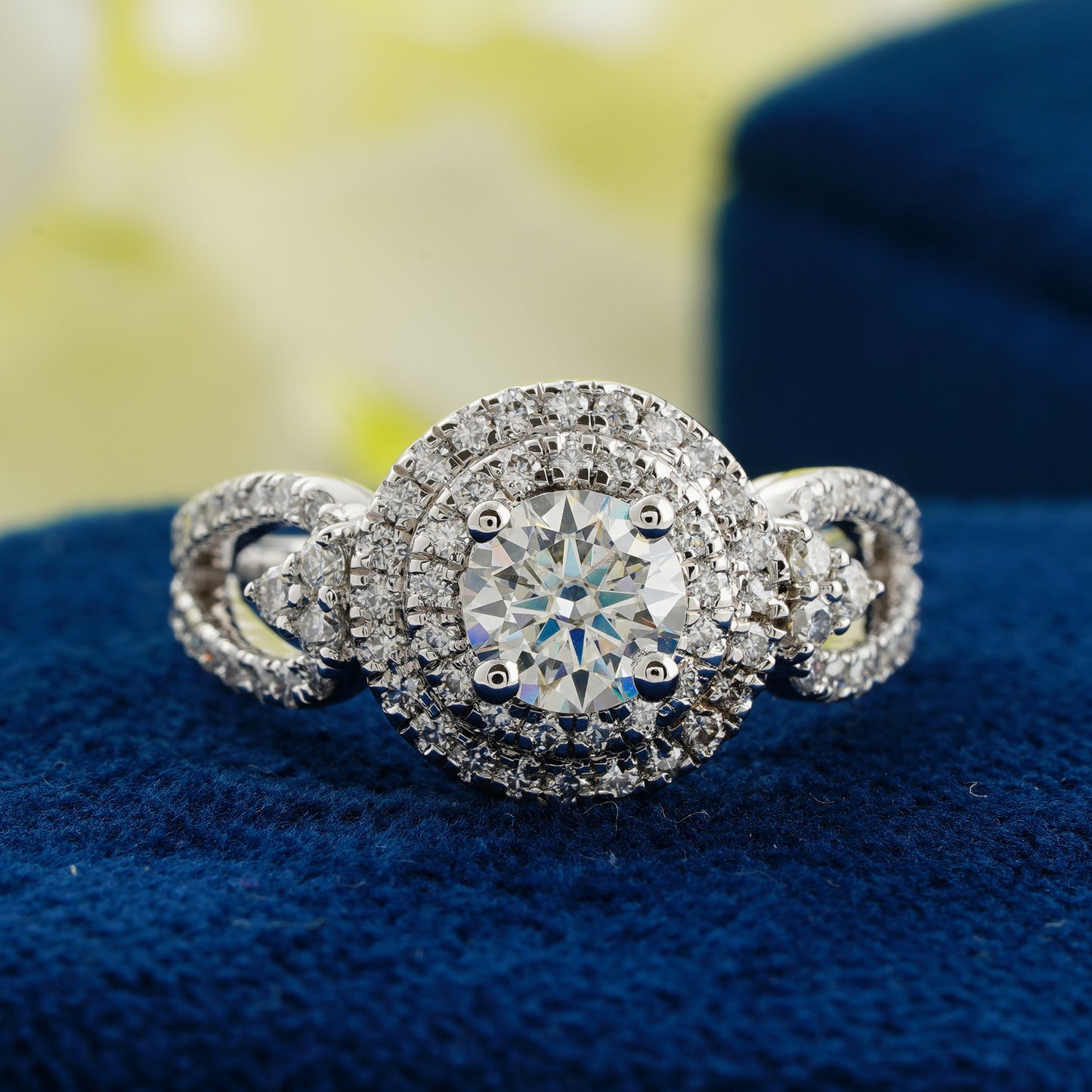 0.70 CT Round Diamond Double Halo Engagement Ring | Split Shank