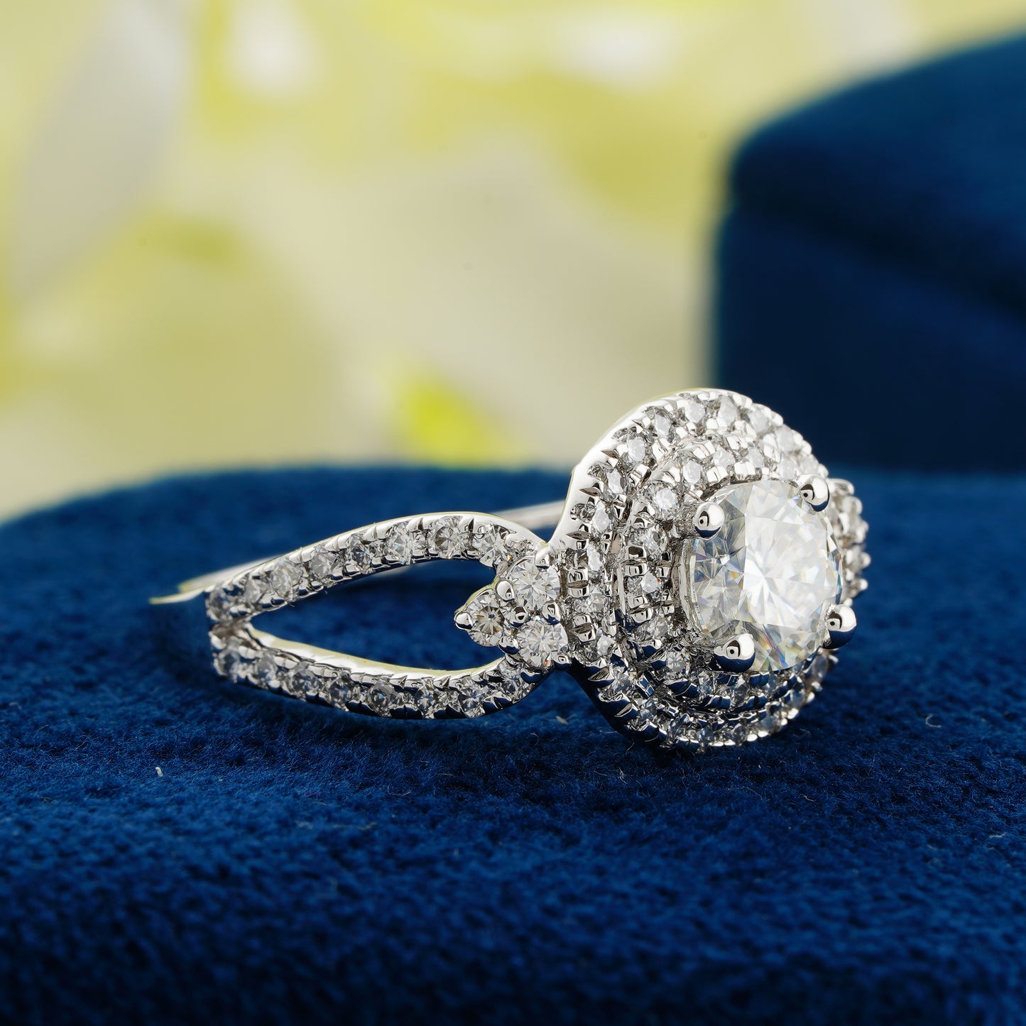 0.70 CT Round Diamond Double Halo Engagement Ring | Split Shank