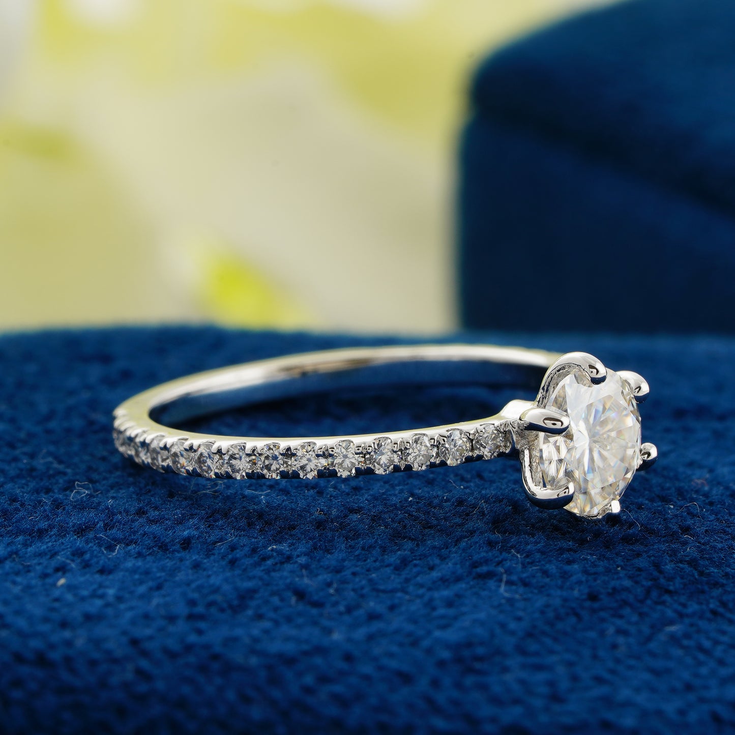0.9 CT Round Cut Lab Grown Diamond Engagement Ring | Classic Six-Prong Pavé Band Ring