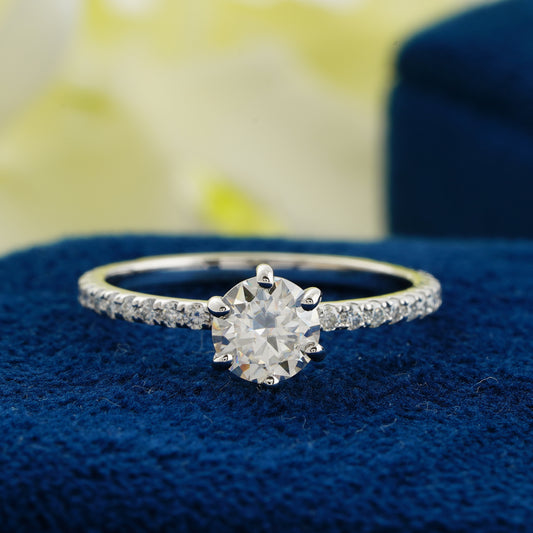 0.9 CT Round Cut Lab Grown Diamond Engagement Ring | Classic Six-Prong Pavé Band Ring
