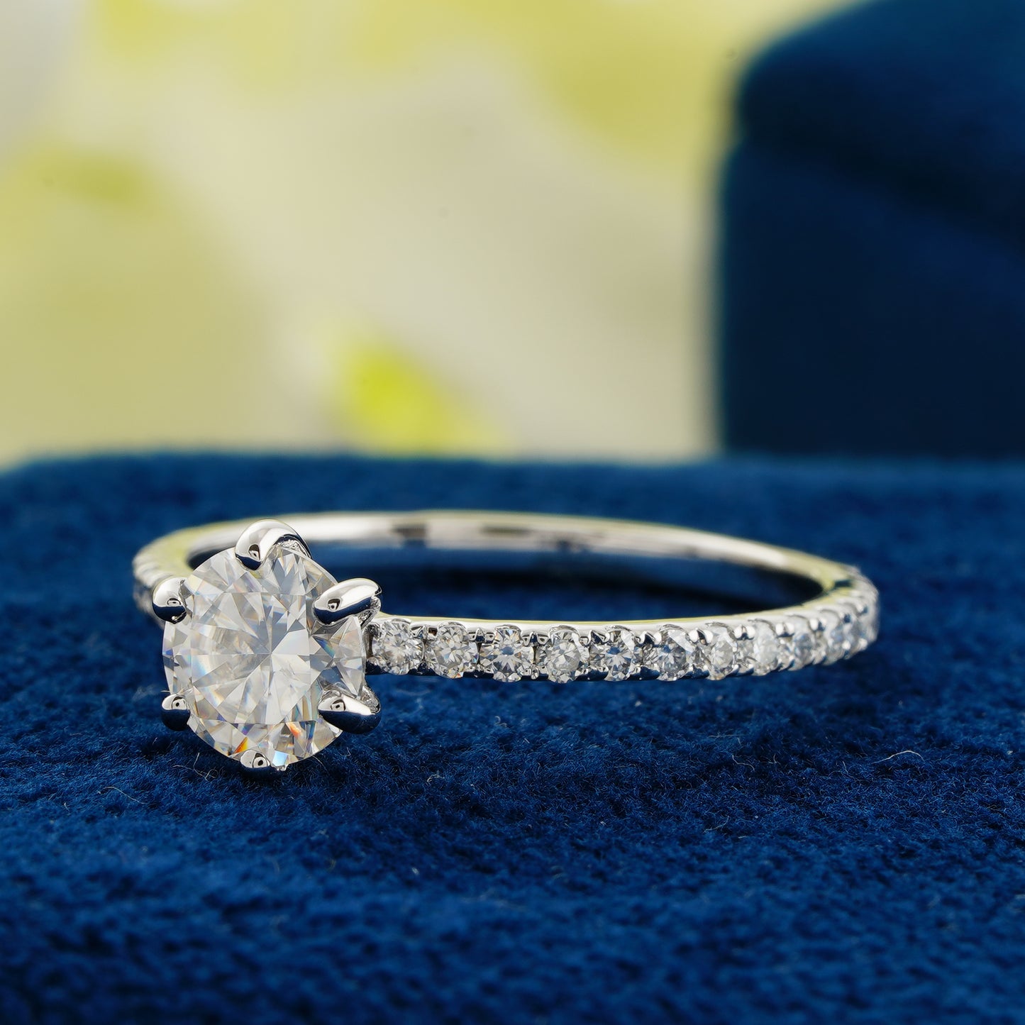0.9 CT Round Cut Lab Grown Diamond Engagement Ring | Classic Six-Prong Pavé Band Ring