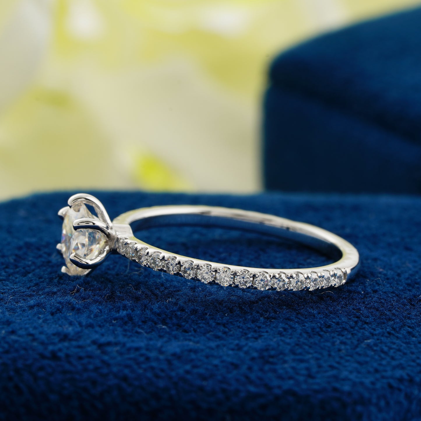 0.9 CT Round Cut Lab Grown Diamond Engagement Ring | Classic Six-Prong Pavé Band Ring