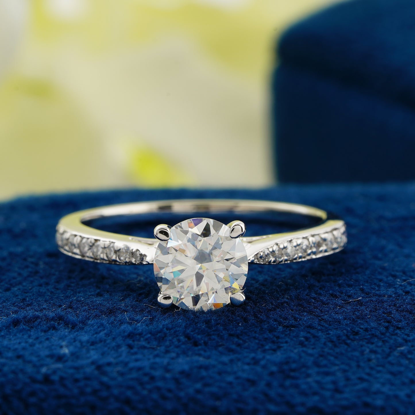 1.00 CT Round Cut Lab Grown Diamond Engagement Ring | Classic Solitaire Pavé Band Ring