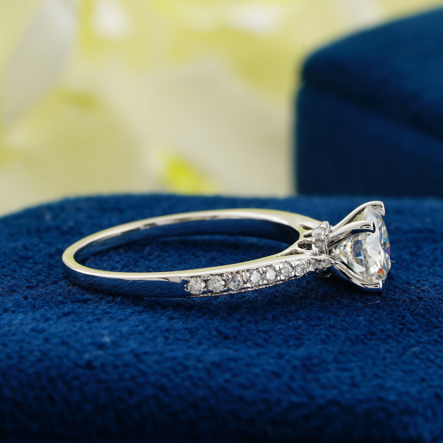 1.00 CT Round Cut Lab Grown Diamond Engagement Ring | Classic Solitaire Pavé Band Ring