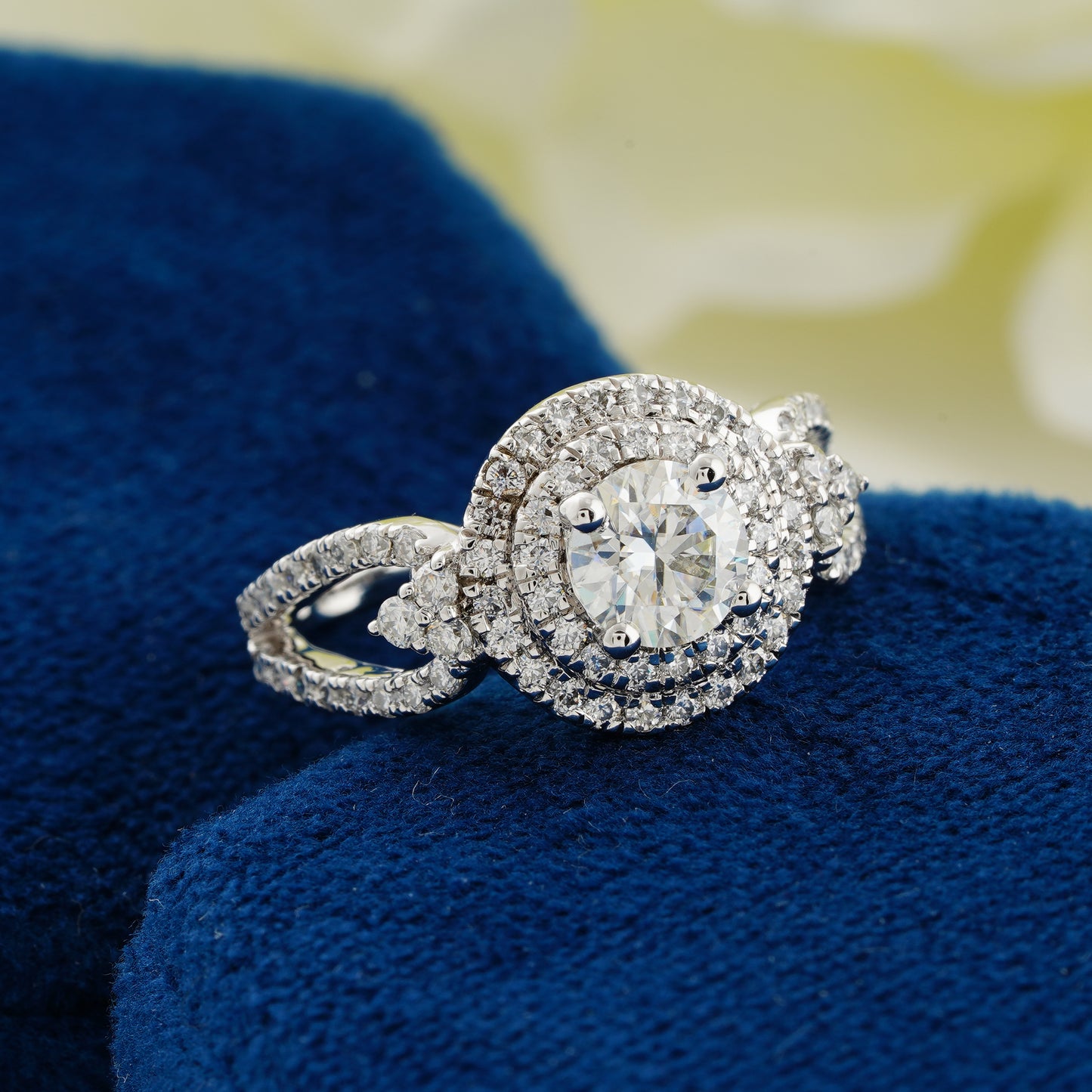 0.70 CT Round Diamond Double Halo Engagement Ring | Split Shank