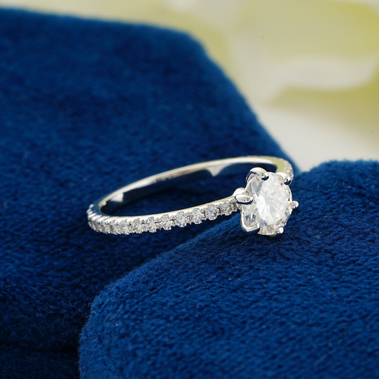 0.9 CT Round Cut Lab Grown Diamond Engagement Ring | Classic Six-Prong Pavé Band Ring