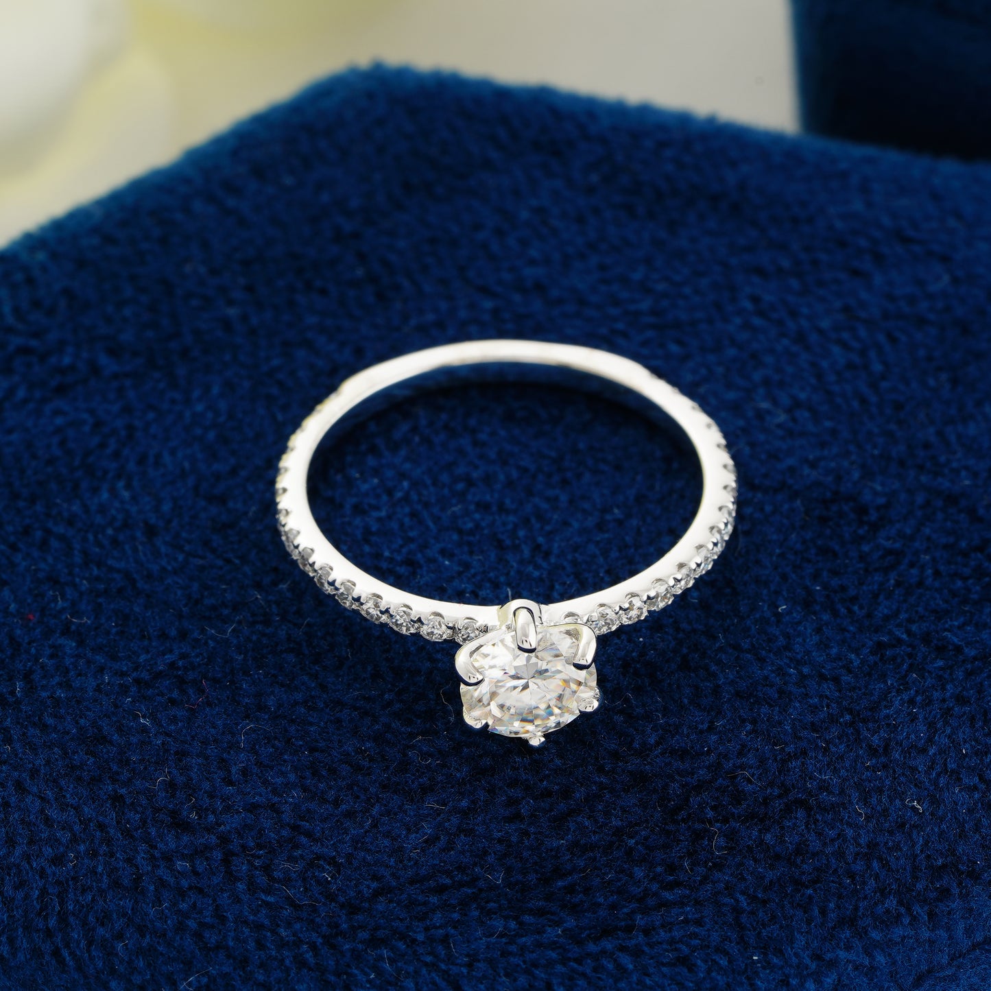 0.9 CT Round Cut Lab Grown Diamond Engagement Ring | Classic Six-Prong Pavé Band Ring