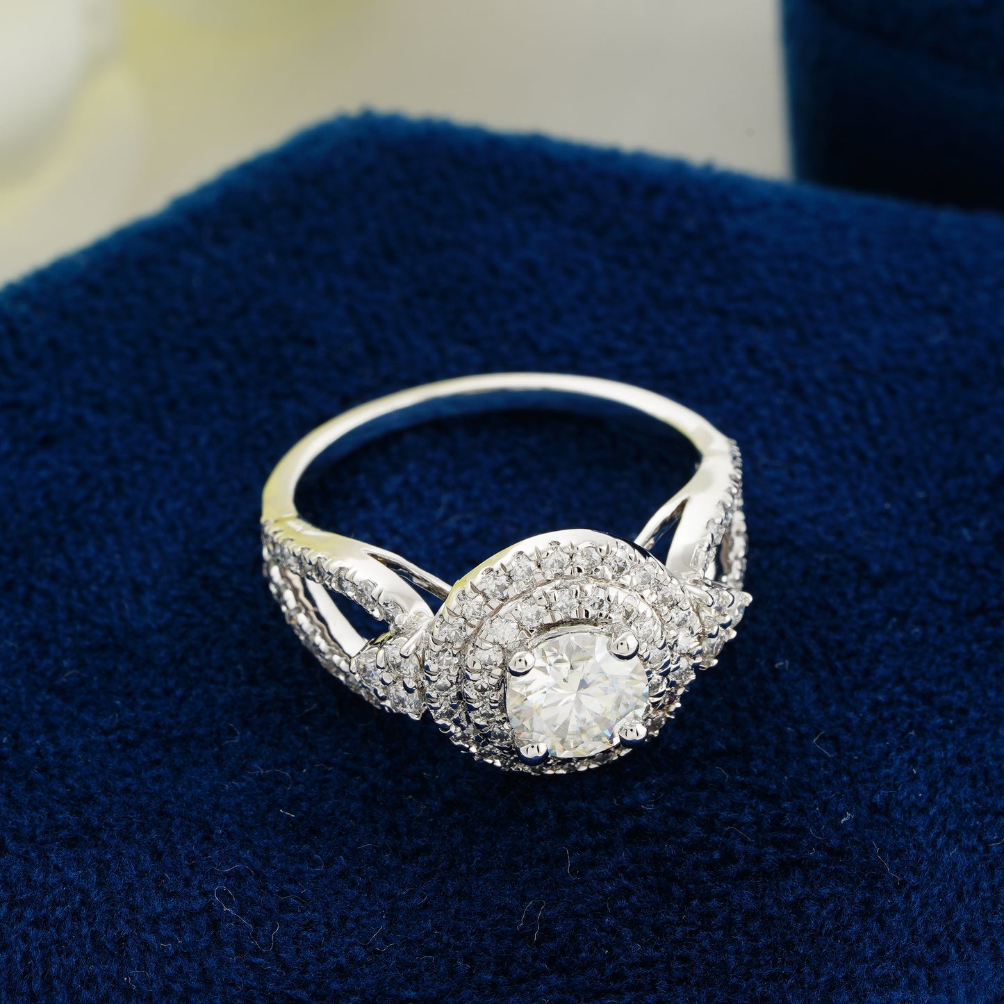 0.70 CT Round Diamond Double Halo Engagement Ring | Split Shank