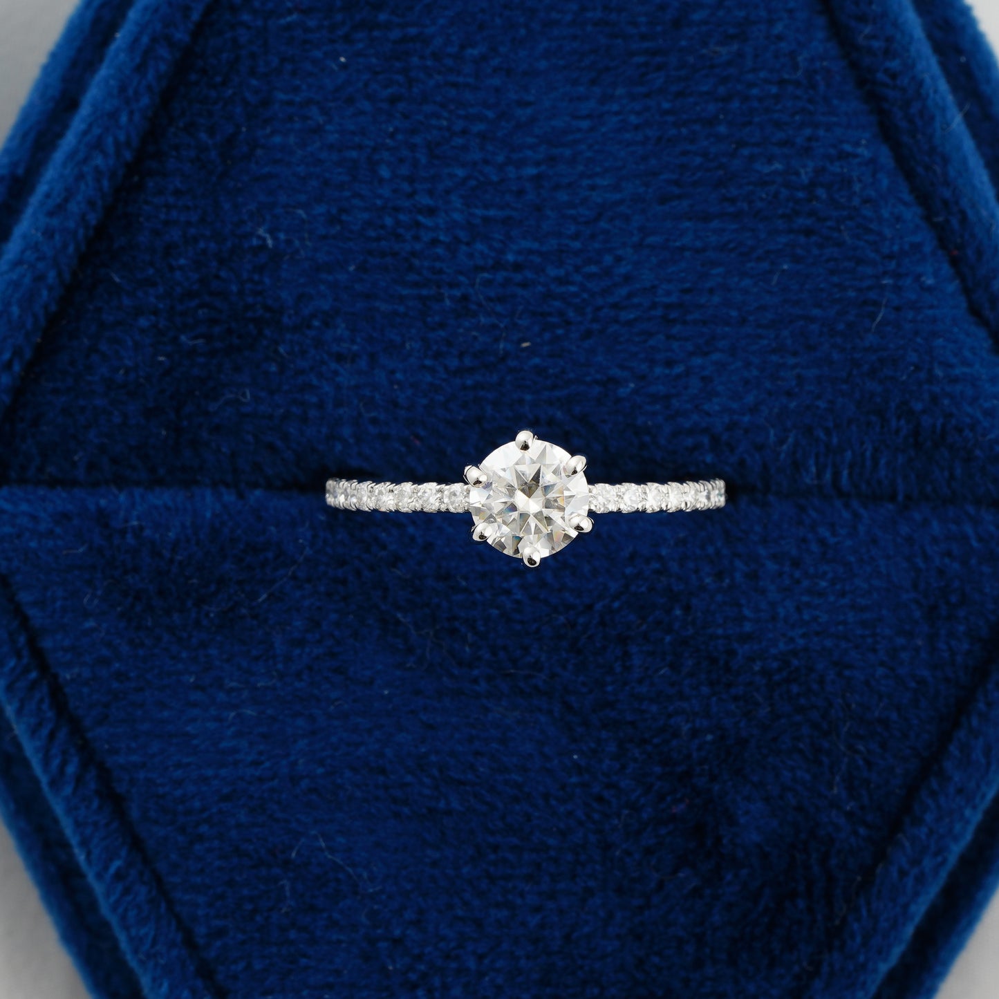 0.9 CT Round Cut Lab Grown Diamond Engagement Ring | Classic Six-Prong Pavé Band Ring