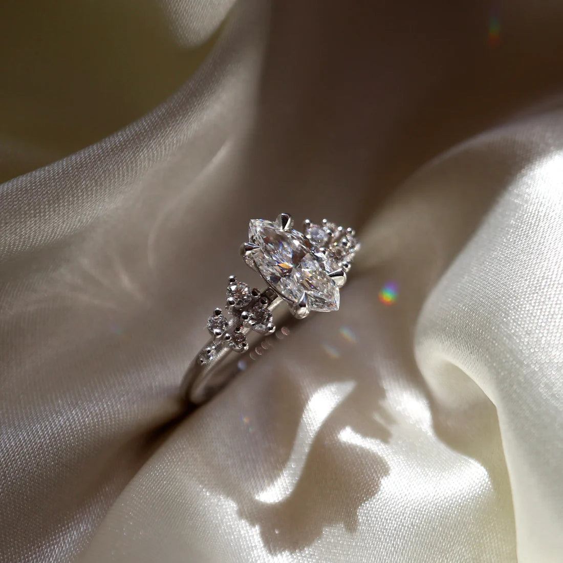 Marquise Lab-Grown Diamond Solitaire Engagement Ring with Cluster Diamond Shoulders