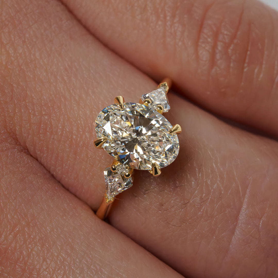 Oval Lab Diamond Three Stone Ring with Kite Accents
