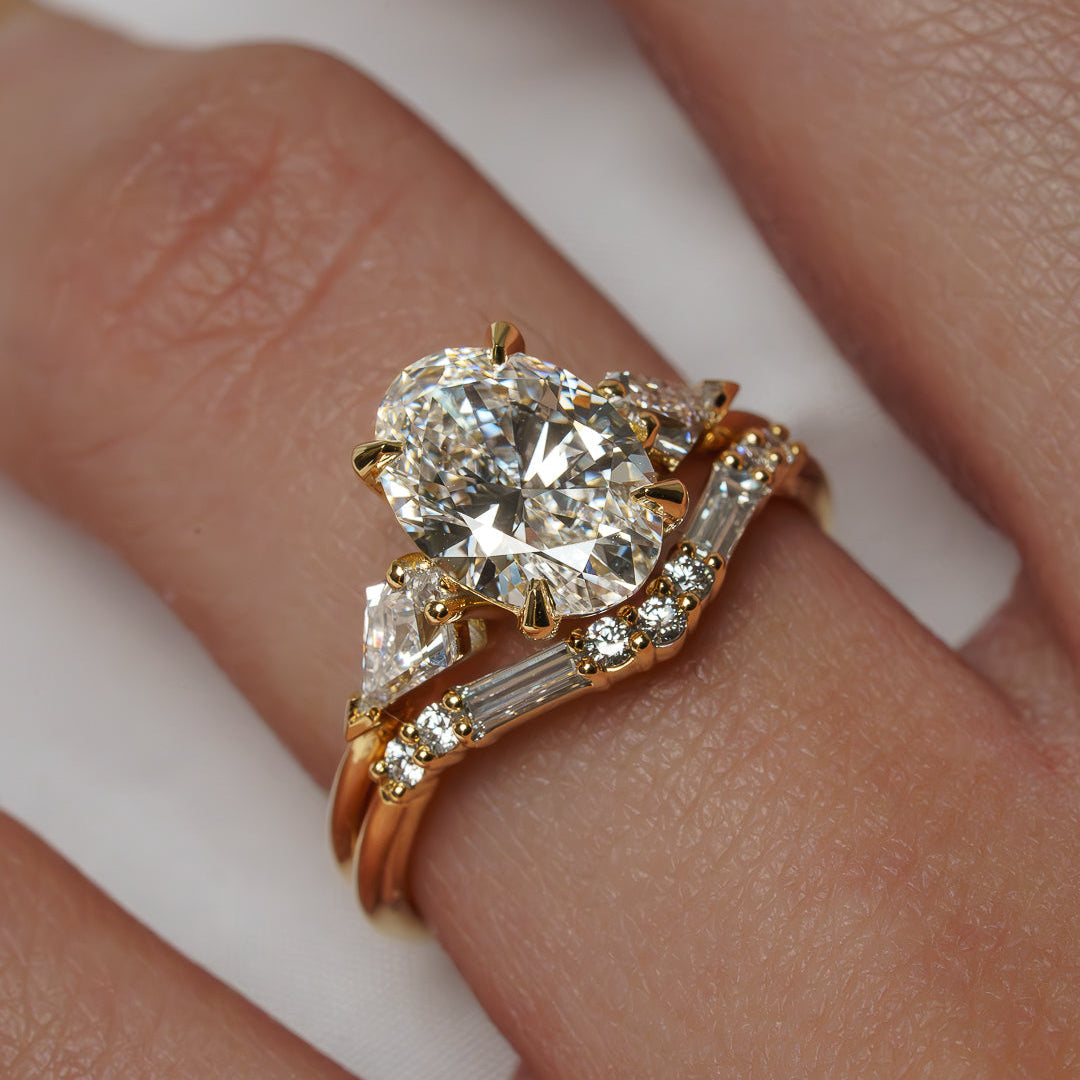 Oval Lab Diamond Three Stone Ring with Kite Accents