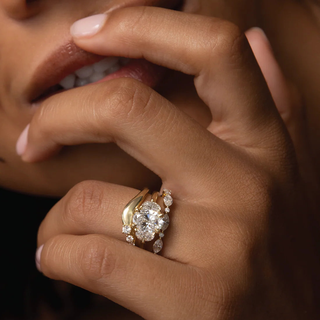 Oval Cut Lab-Grown Diamond Three Stone Engagement Ring with Half Moon Accents