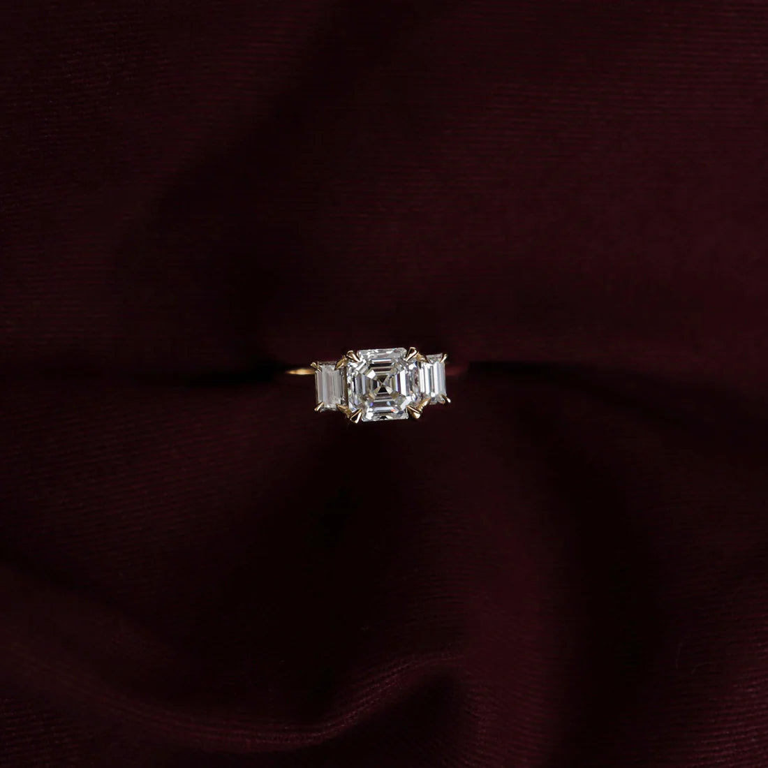 Asscher Cut Lab-Grown Diamond Three Stone Engagement Ring with Emerald Cut
