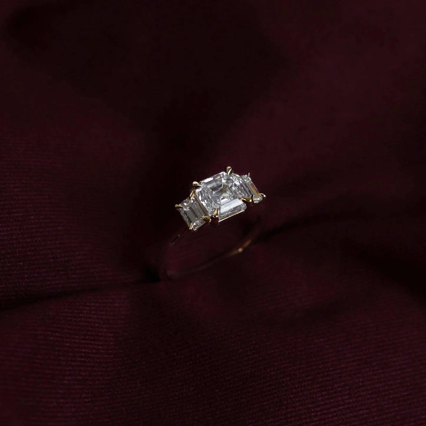 Asscher Cut Lab-Grown Diamond Three Stone Engagement Ring with Emerald Cut