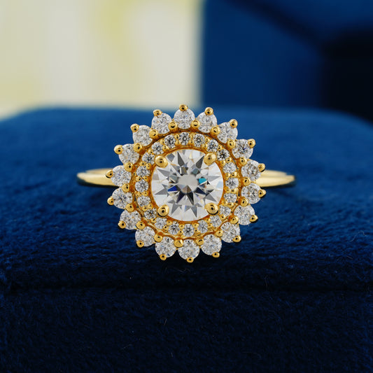 1 CT Round Cut Lab Grown Diamond Floral Halo Engagement Ring