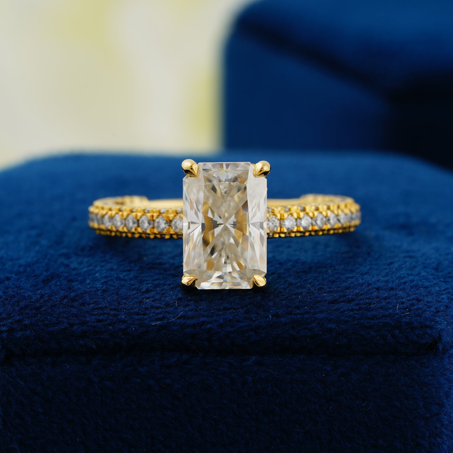 2.6 CT Radiant Cut Lab Grown Diamond Engagement Ring | Elegant Pavé Band