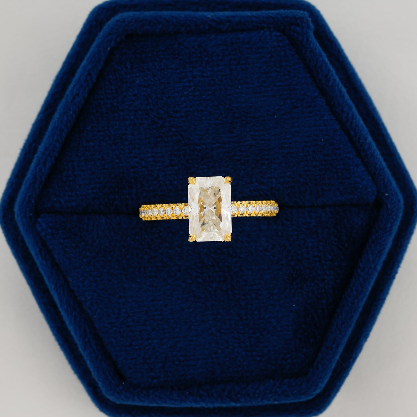 2.6 CT Radiant Cut Lab Grown Diamond Engagement Ring | Elegant Pavé Band