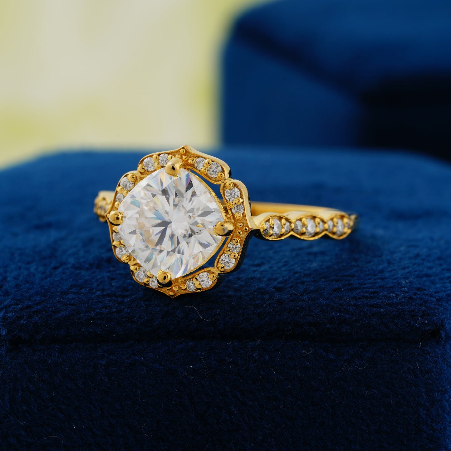 2.10 CT Cushion Cut Lab Grown Diamond Ring – Royal Radiance in Gold