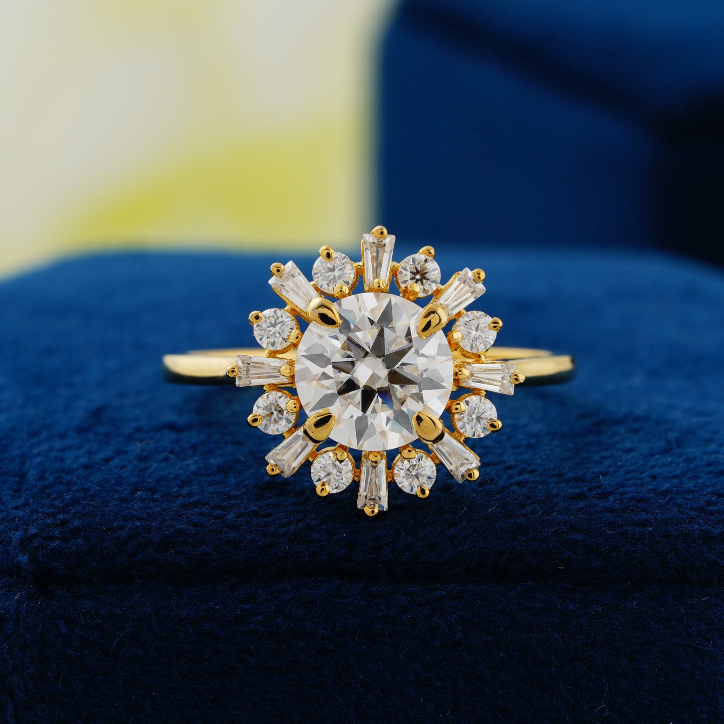 1.35 CT Round Cut Lab Grown Diamond Sunburst Halo Engagement Ring – A Spark of Eternal Light