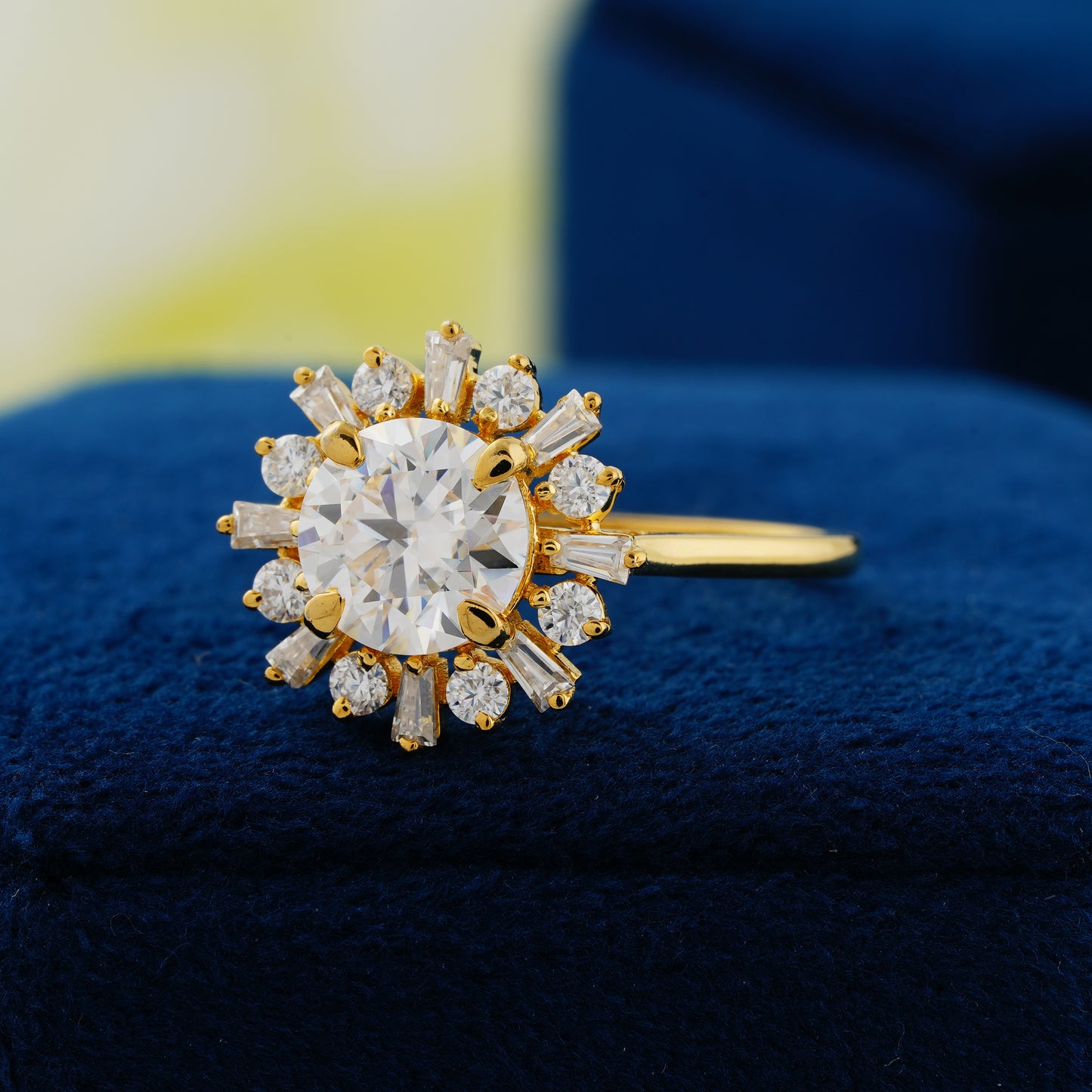 1.35 CT Round Cut Lab Grown Diamond Sunburst Halo Engagement Ring – A Spark of Eternal Light