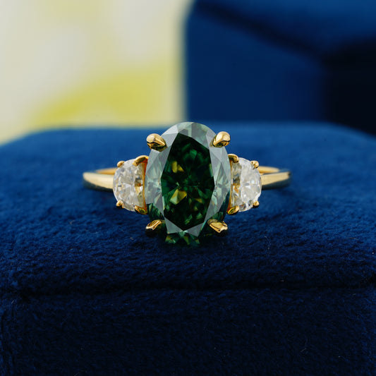 4.54 CT Dark Green Oval & Half-Moon Diamond Ring – The Heart of Nature