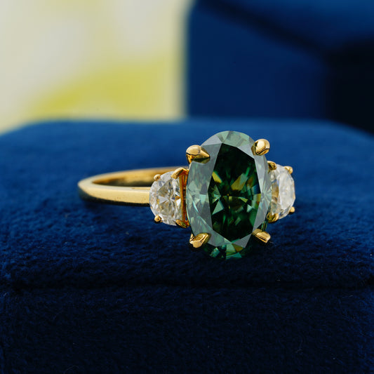 4.54 CT Dark Green Oval & Half-Moon Diamond Ring – The Heart of Nature