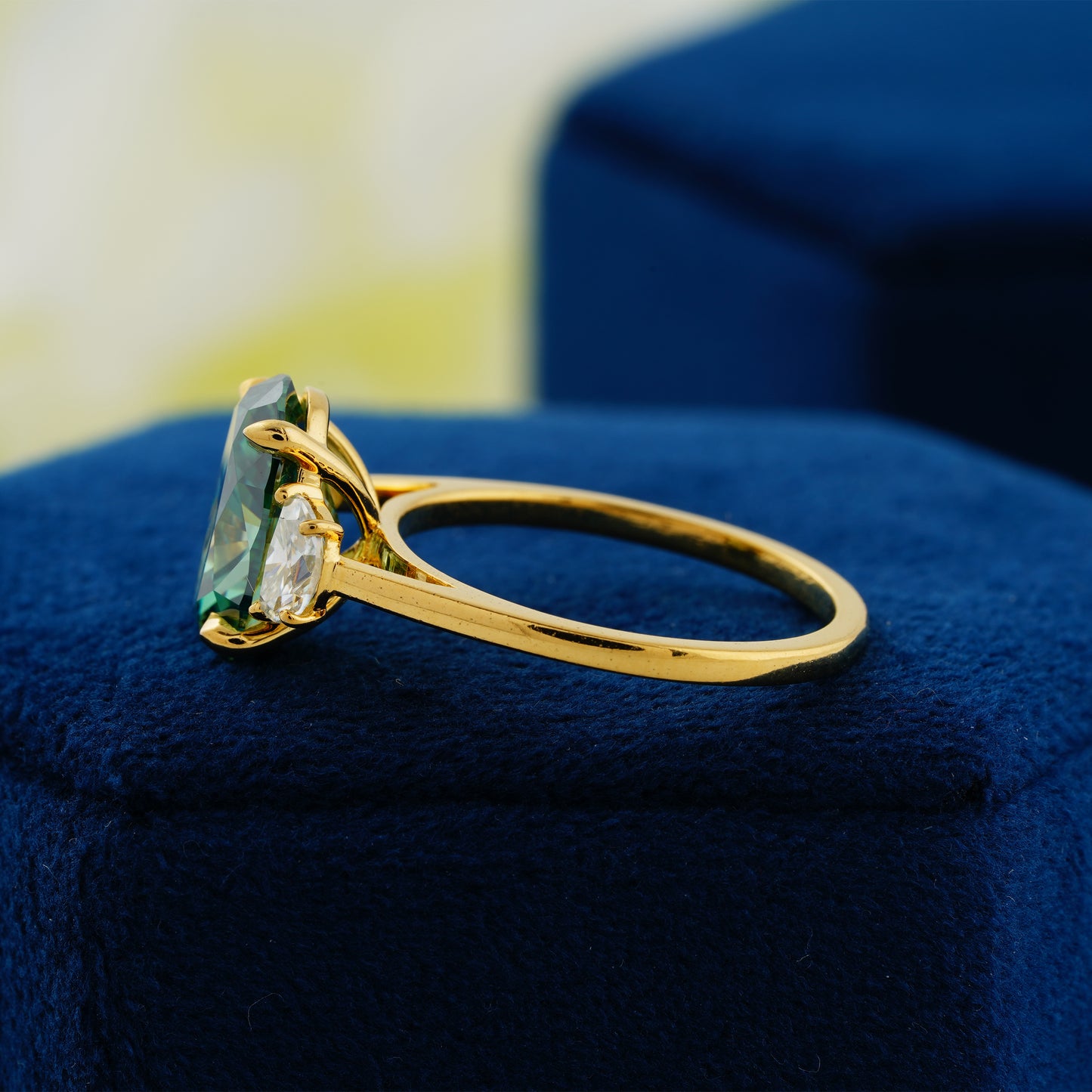 4.54 CT Dark Green Oval & Half-Moon Diamond Ring – The Heart of Nature