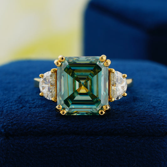 7.6 CT Blue-Green Asscher Cut Lab Grown Diamond Engagement Ring – “Heart of Serenity”
