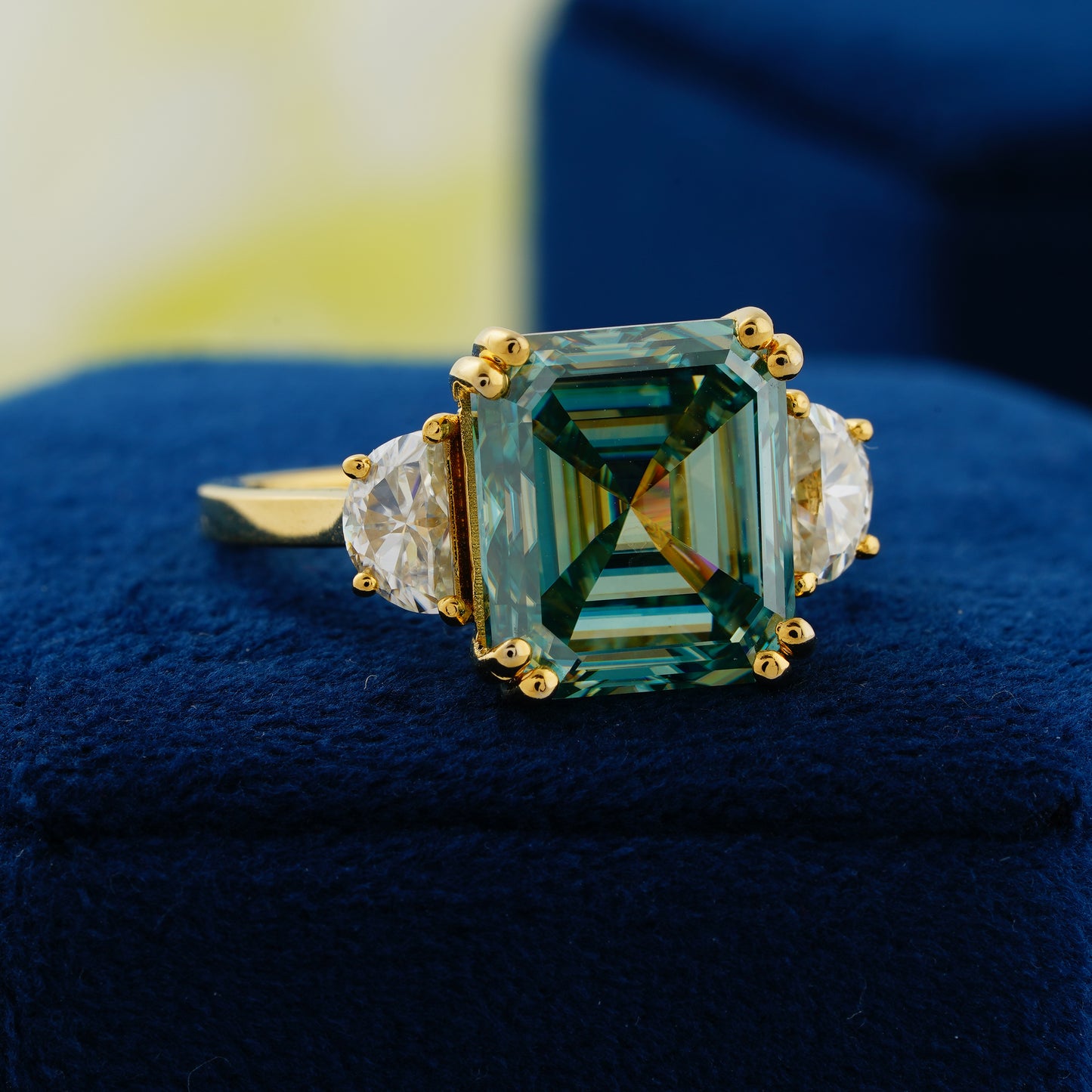 7.6 CT Blue-Green Asscher Cut Lab Grown Diamond Engagement Ring – “Heart of Serenity”