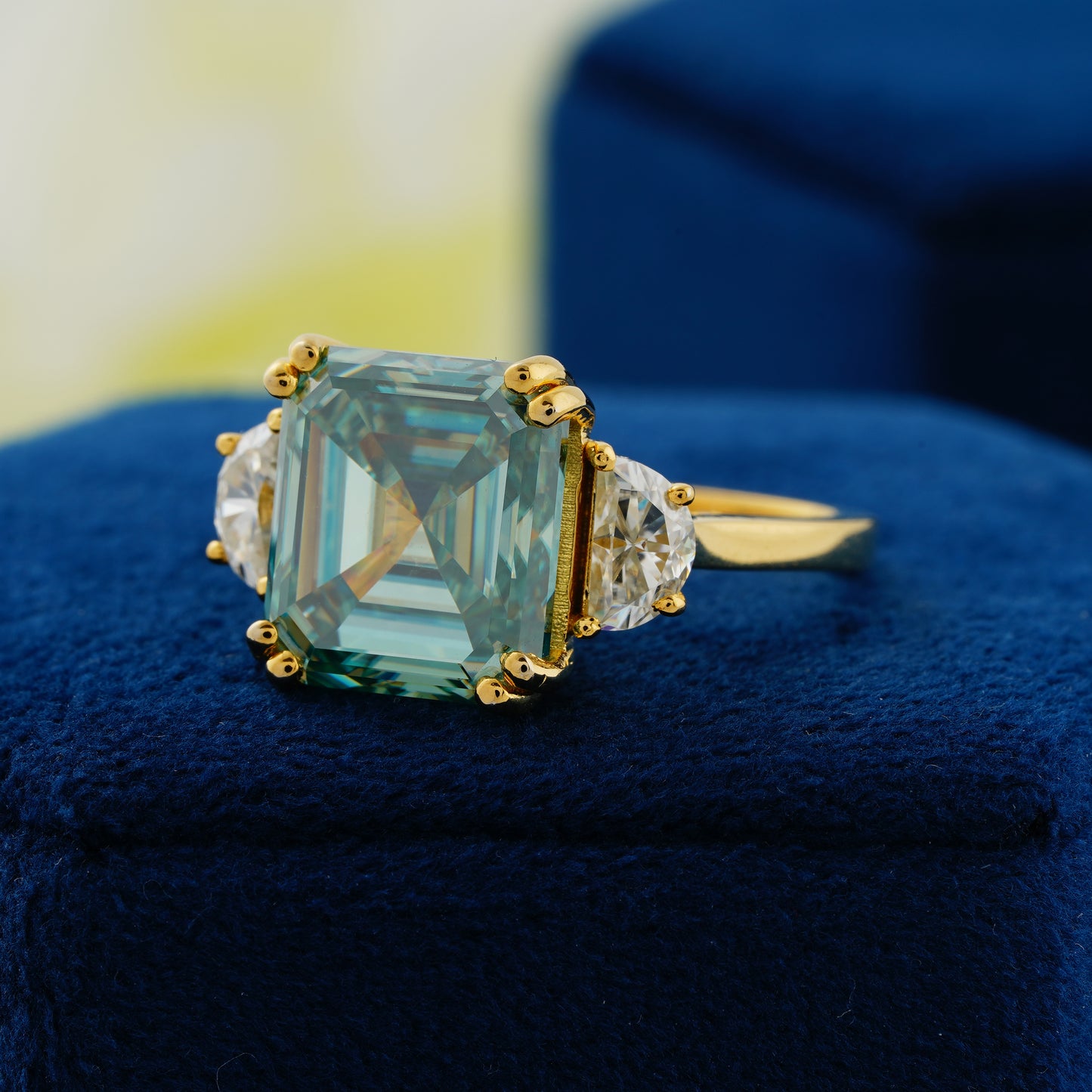 7.6 CT Blue-Green Asscher Cut Lab Grown Diamond Engagement Ring – “Heart of Serenity”