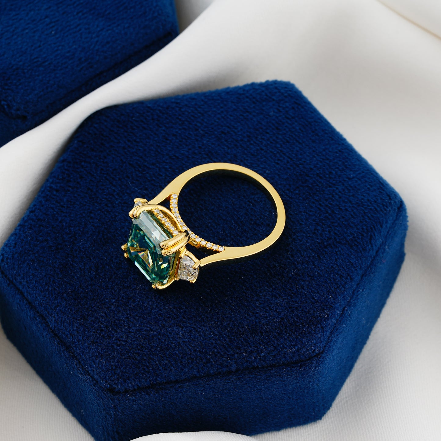 7.6 CT Blue-Green Asscher Cut Lab Grown Diamond Engagement Ring – “Heart of Serenity”