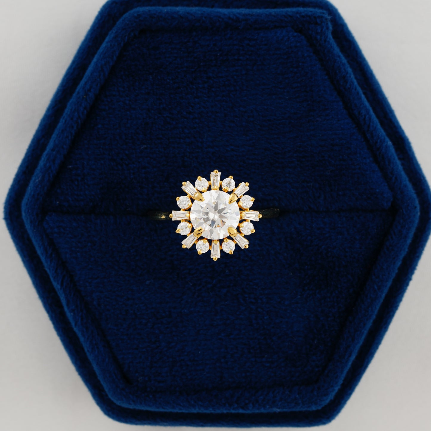 1.35 CT Round Cut Lab Grown Diamond Sunburst Halo Engagement Ring – A Spark of Eternal Light